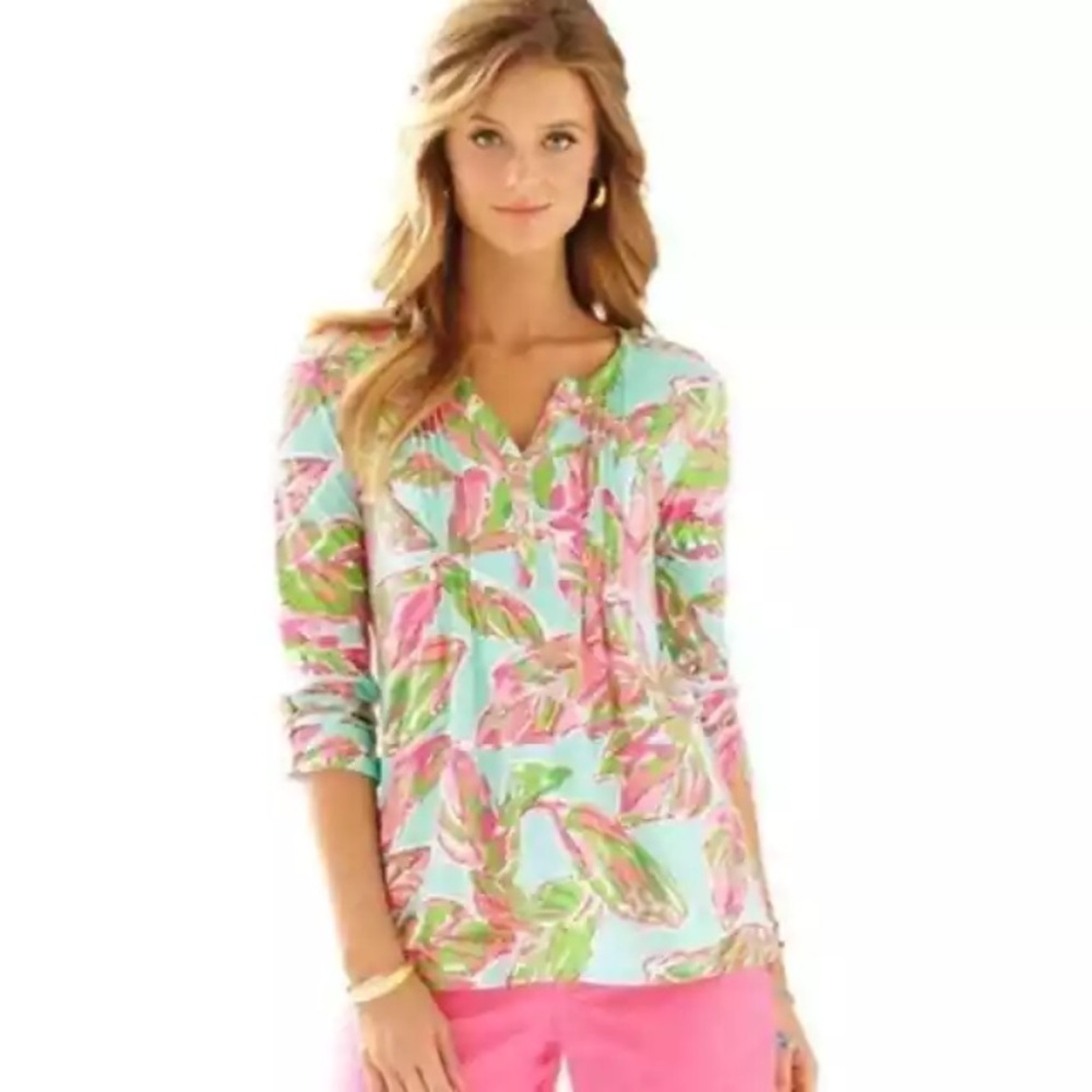 Lilly Pulitzer Colorful Dorthy Pintuck Blouse Top Multi in the Vias Print XS - Picture 2 of 16